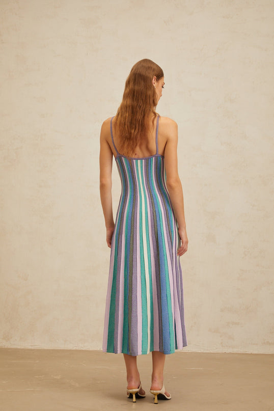 Andrea Blue Striped Metallic Knit Midi Dress V-Neck Sleeveless Spaghetti Straps Pleated Ruched Detailing Luxurious Blend Slip-On Chic