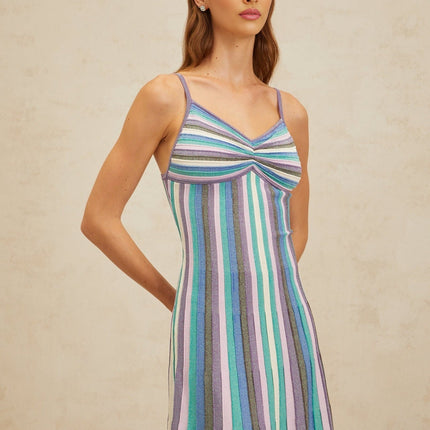 Andrea Blue Striped Metallic Midi Dress V-Neckline Spaghetti Straps Pleated Ruched Detailing