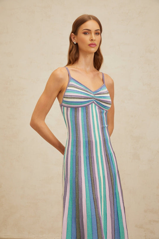 Andrea Blue Striped Metallic Midi Dress V-Neckline Spaghetti Straps Pleated Ruched Detailing