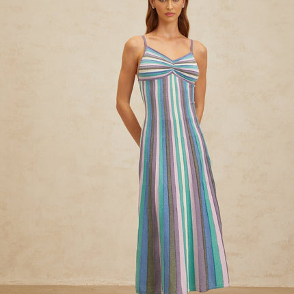 Andrea Blue Striped Metallic Midi Dress V-Neck Sleeveless Spaghetti Straps Pleated Ruched Knit