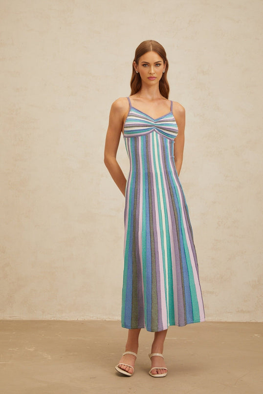 Andrea Blue Striped Metallic Midi Dress V-Neck Sleeveless Spaghetti Straps Pleated Ruched Knit