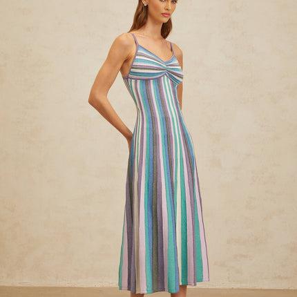 Andrea Blue Striped Midi Dress with Metallic Threading V-Neckline and Pleated Detailing