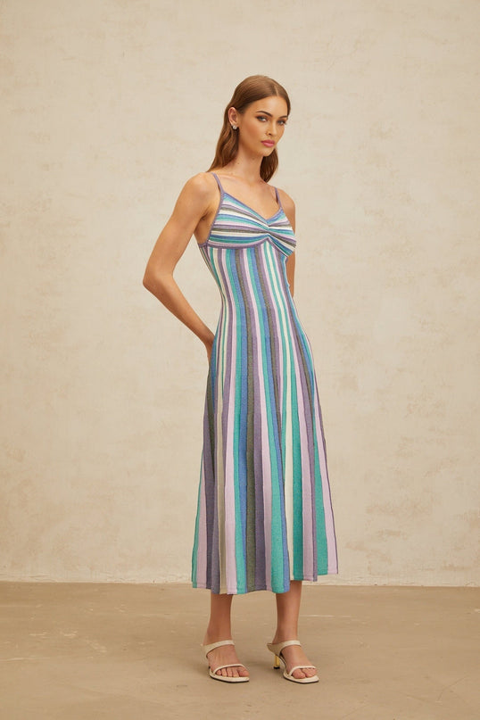 Andrea Blue Striped Midi Dress with Metallic Threading V-Neckline and Pleated Detailing