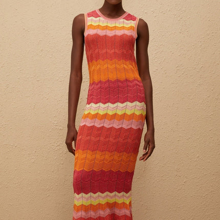 Andrea Coral Pink Maxi Dress in Wavy Knit with Metallic Threading