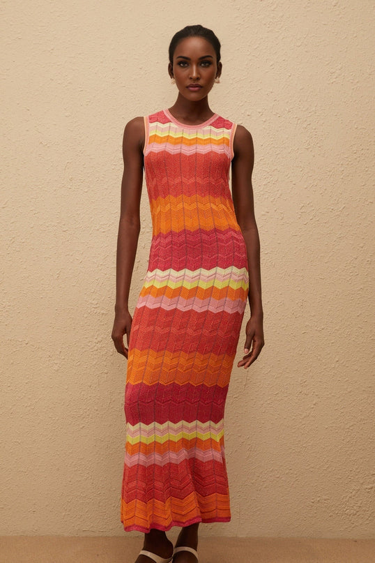 Andrea Coral Pink Maxi Dress in Wavy Knit with Metallic Threading
