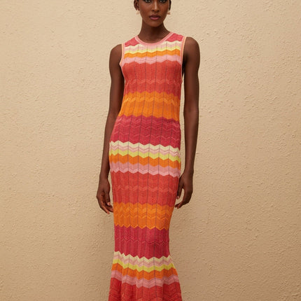 Andrea Coral Pink Maxi Dress in Wavy Knit with Metallic Threading