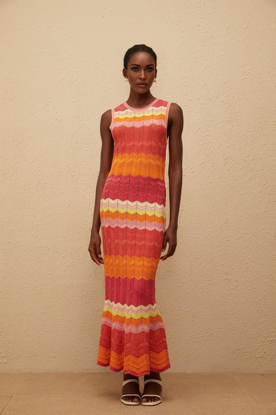 Andrea Coral Pink Maxi Dress in Wavy Knit with Metallic Threading