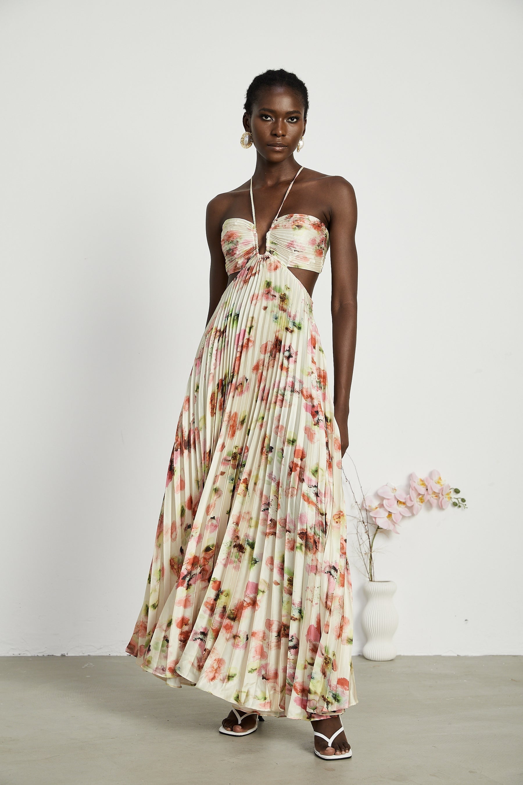 Andréa cutout floralprint pleated maxi dress