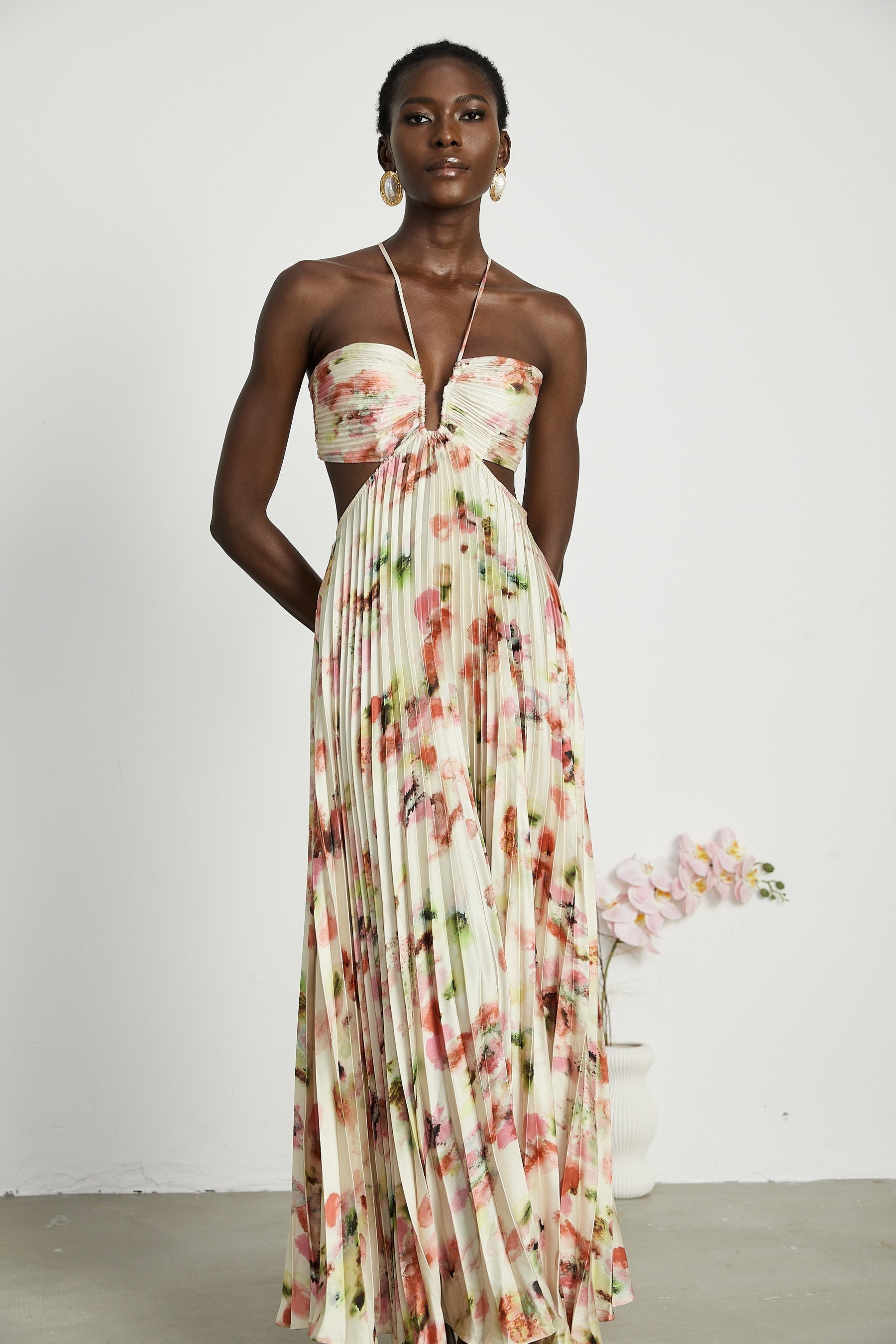 Andréa cutout floralprint pleated maxi dress