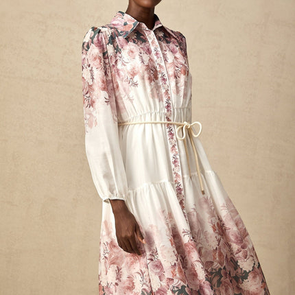 Andrea White Floral Midi Dress Lantern Sleeves Elasticated Waist Calf-Length Hem Terylene Special Occasion