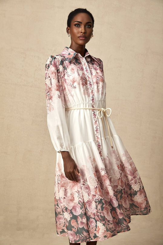 Andrea White Floral Midi Dress Lantern Sleeves Elasticated Waist Calf-Length Hem Terylene Special Occasion