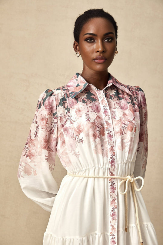 Andrea White Floral Midi Dress Lantern Sleeves Elasticated Waist Calf-Length Hem Terylene Special Occasion