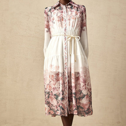Andrea White Floral Midi Dress Lantern Sleeves Elasticated Waist Calf Length Hem Terylene Special Occasion