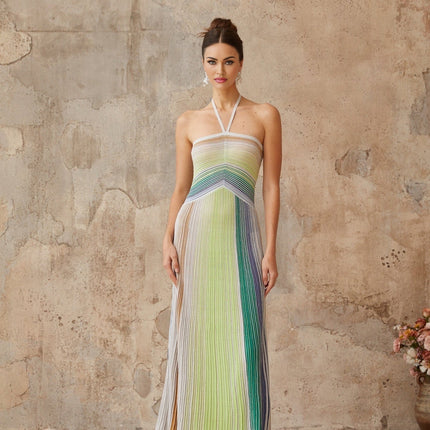 Andrea Green Striped Glitter Halter Maxi Dress