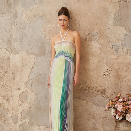 Andrea Green Striped Glitter Halter Neck Maxi Dress