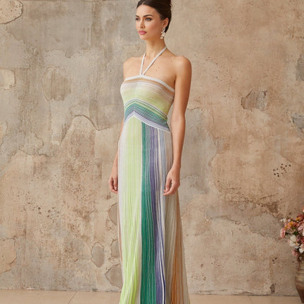 Andrea Green Striped Glitter Halter Neck Maxi Dress
