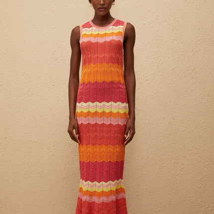 Andrea Maxi Dress in Coral Pink wavy knit metallic threading round neck fitted waistline flared hem ankle-length