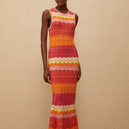 Andrea Maxi Dress in Coral Pink wavy knit metallic threading round neck fitted waistline flared hem ankle-length
