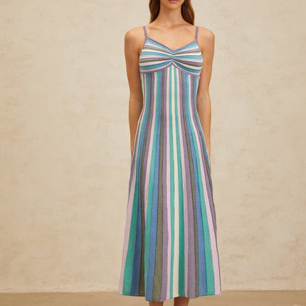Andrea Midi Dress in Blue and Multicolor Stripes with Metallic Threading V-Neckline Sleeveless Spaghetti Straps Pleated Ruched Detailing Slip-On Style Midi Length 50% Viscose 50% Polyamide Luxury Fashion Statement Piece