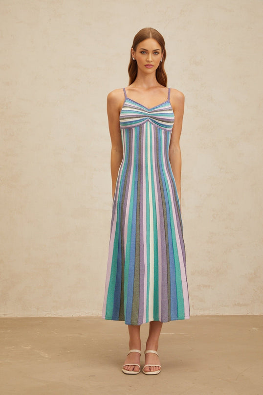 Andrea Midi Dress in Blue and Multicolor Stripes with Metallic Threading V-Neckline Sleeveless Spaghetti Straps Pleated Ruched Detailing Slip-On Style Midi Length 50% Viscose 50% Polyamide Luxury Fashion Statement Piece
