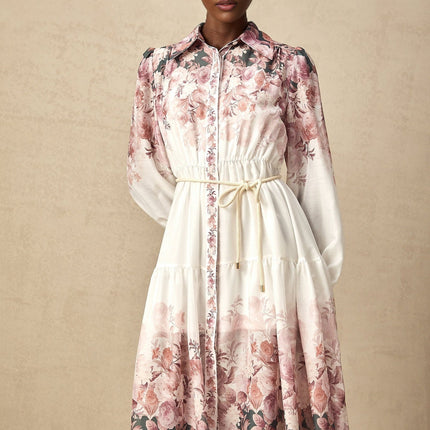Andrea White Floral Midi Dress Lantern Sleeve Collar Tied Waist Elasticated Cuffs Calf Length Hem 100 Terylene Special Occasion