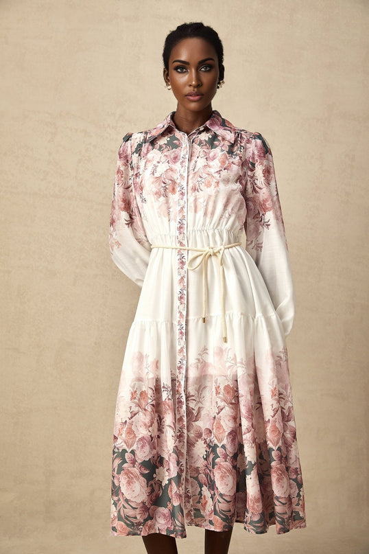 Andrea White Floral Midi Dress Lantern Sleeve Collar Tied Waist Elasticated Cuffs Calf Length Hem 100 Terylene Special Occasion