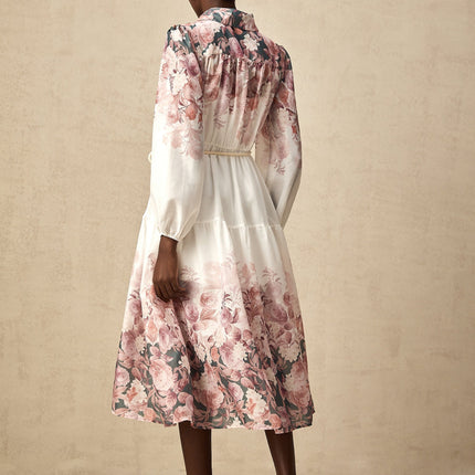 Andrea White Floral Midi Dress Lantern Sleeves Classic Collar Elasticated Waist Calf-length Hem Terylene Special Occasion