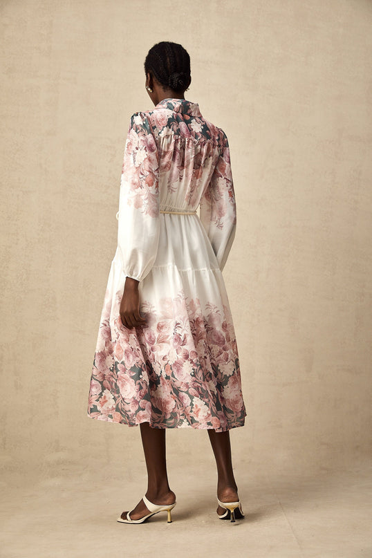 Andrea White Floral Midi Dress Lantern Sleeves Classic Collar Elasticated Waist Calf-length Hem Terylene Special Occasion