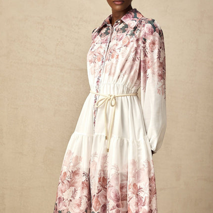 Andrea White Floral Midi Dress Lantern Sleeves Elasticated Waist Calf Length Hem Terylene