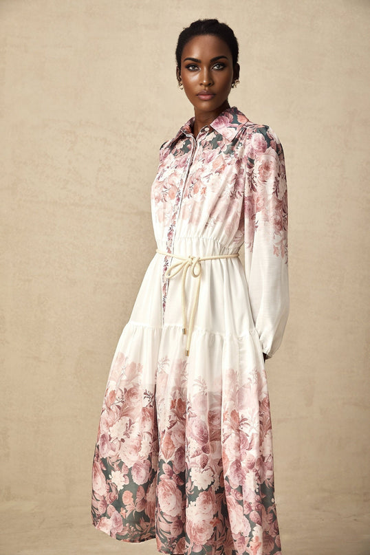 Andrea White Floral Midi Dress Lantern Sleeves Elasticated Waist Calf Length Hem Terylene