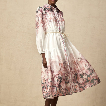 Andrea White Floral Midi Dress Lantern Sleeves Collar Tied Waist Elasticated Cuffs Calf-Length Hem 100% Terylene Special Occasion