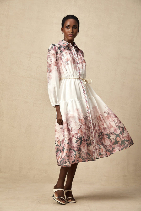 Andrea White Floral Midi Dress Lantern Sleeves Collar Tied Waist Elasticated Cuffs Calf-Length Hem 100% Terylene Special Occasion