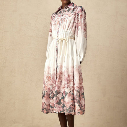Andrea White Floral Midi Dress Lantern Sleeves Elasticated Waist Calf-Length Hem Terylene