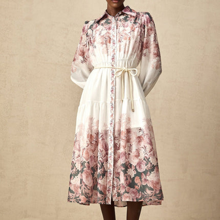 Andrea White Floral Midi Dress Lantern Sleeves Elasticated Waist Calf-length Hem