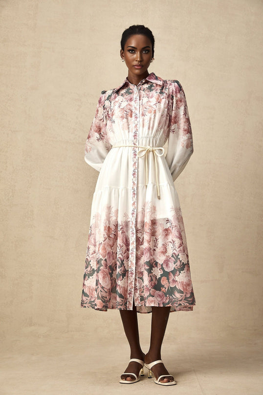 Andrea White Floral Midi Dress Lantern Sleeves Elasticated Waist Calf-length Hem