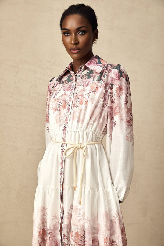 Andrea White Floral Midi Dress Lantern Sleeves Elasticated Waist Calf-Length Hem Terylene