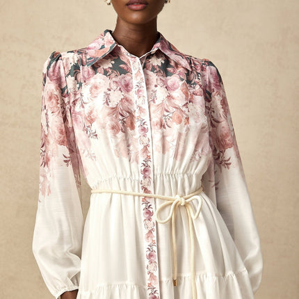 Andrea White Floral Midi Dress Lantern Sleeves Tied Waist Elasticated Cuffs Calf-Length Hem 100% Terylene Special Occasion