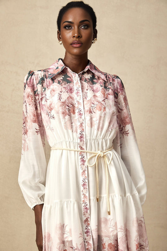 Andrea White Floral Midi Dress Lantern Sleeves Tied Waist Elasticated Cuffs Calf-Length Hem 100% Terylene Special Occasion