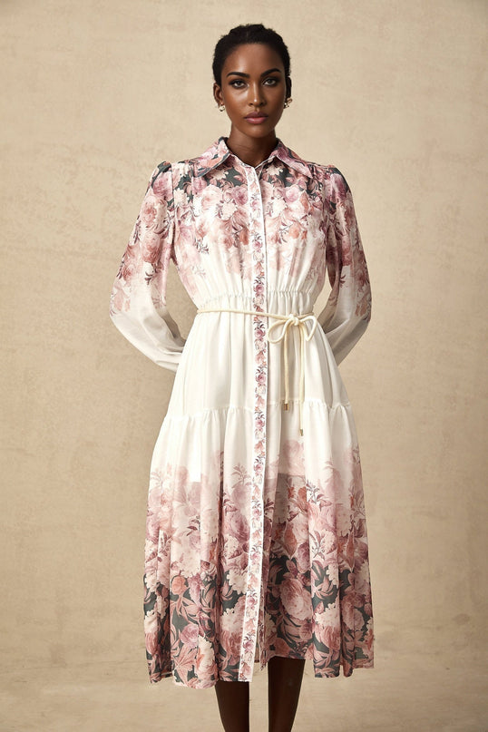 Andrea White Floral Midi Dress Lantern Sleeves Elasticated Waist Calf-Length Hem Terylene