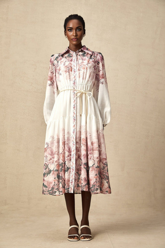 Andrea White Floral Midi Dress Lantern Sleeves Elasticated Waist Calf Length Hem Terylene