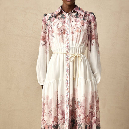 Andrea White Floral Midi Dress Lantern Sleeves Elasticated Waist Calf Length Hem Terylene Special Occasion