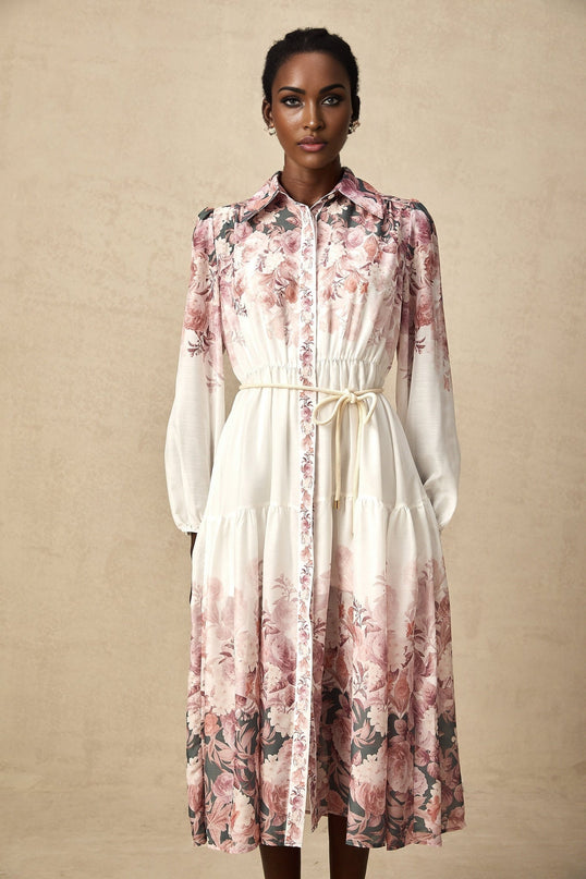 Andrea White Floral Midi Dress Lantern Sleeves Elasticated Waist Calf Length Hem Terylene Special Occasion