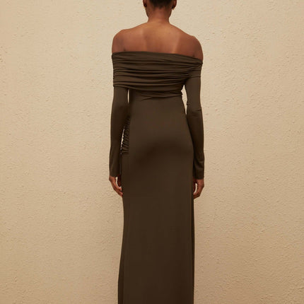 Andromeda Brown Maxi Dress in Olive Green with Off-Shoulder Design and Ruched Detailing