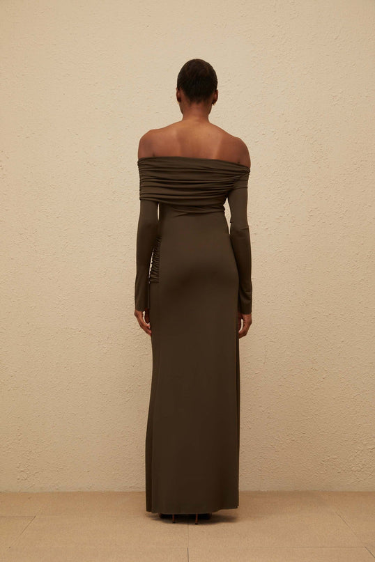 Andromeda Brown Maxi Dress in Olive Green with Off-Shoulder Design and Ruched Detailing