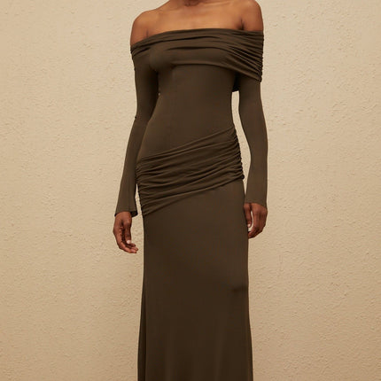 Andromeda Brown Maxi Dress with Off-Shoulder Design and Ruched Detailing in Olive Green