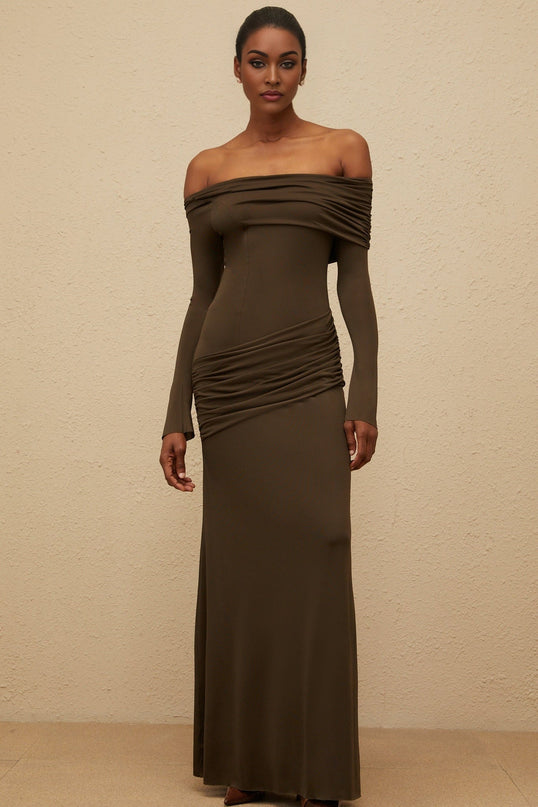 Andromeda Brown Maxi Dress with Off-Shoulder Design and Ruched Detailing in Olive Green