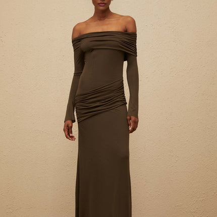 Andromeda Brown Maxi Dress with Off-Shoulder Design and Ruched Detailing in Olive Green