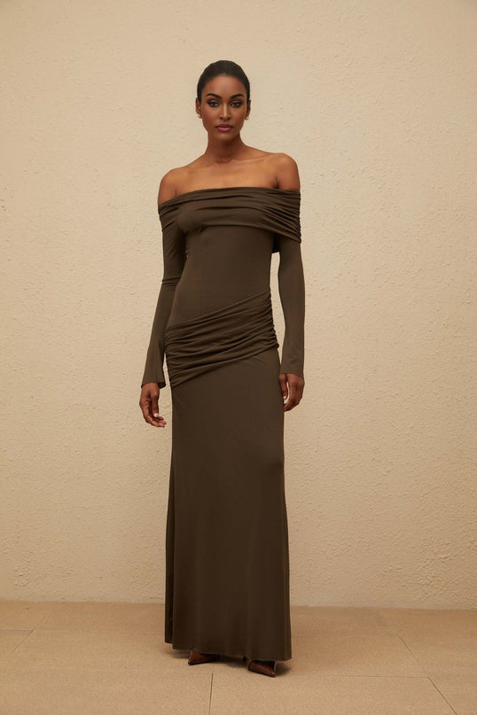 Andromeda Brown Maxi Dress with Off-Shoulder Design and Ruched Detailing in Olive Green