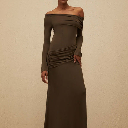 Andromeda Brown Maxi Dress with Off-Shoulder Design and Ruched Detailing