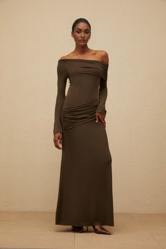 Andromeda Brown Maxi Dress with Off-Shoulder Design and Ruched Detailing